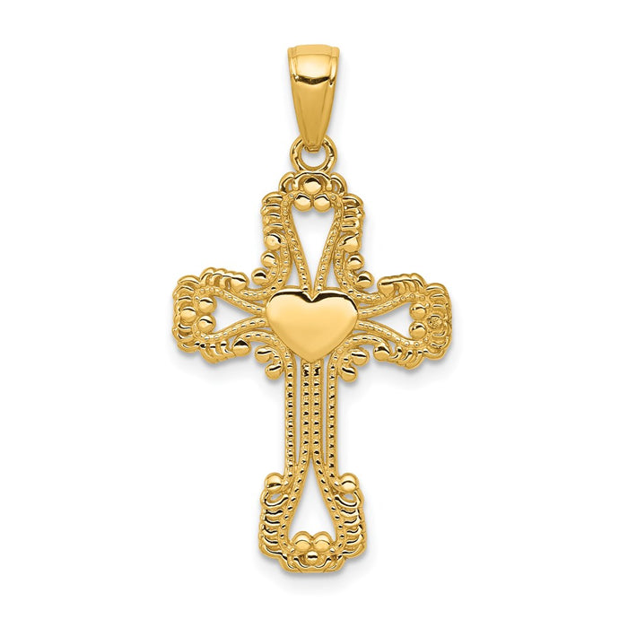 Million Charms 14K Yellow Gold Themed Beaded Relgious Cross With Heart Pendant