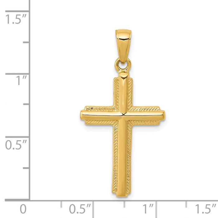 Million Charms 14K Yellow Gold Themed Relgious Cross With Striped Border Pendant