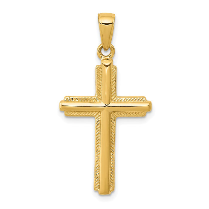 Million Charms 14K Yellow Gold Themed Relgious Cross With Striped Border Pendant