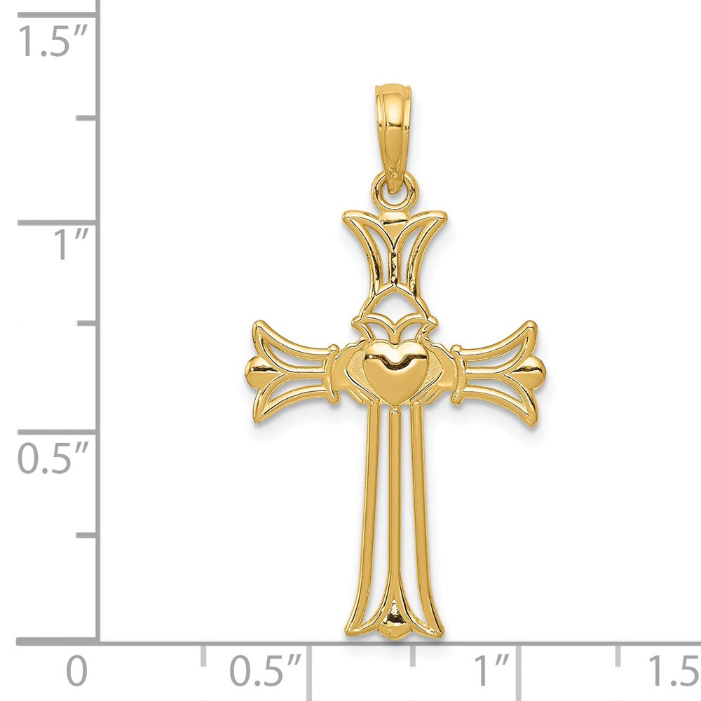 Million Charms 14K Yellow Gold Themed Claddagh Relgious Cross Pendant