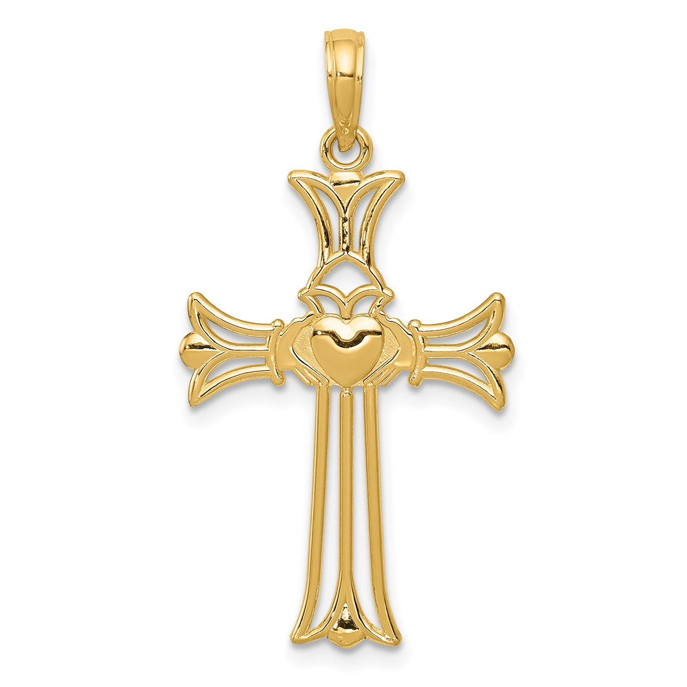 Million Charms 14K Yellow Gold Themed Claddagh Relgious Cross Pendant