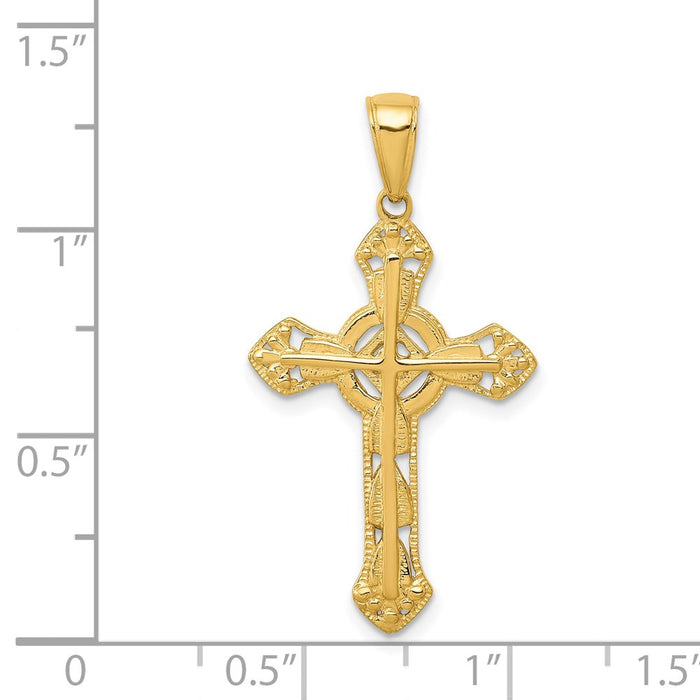 Million Charms 14K Yellow Gold Themed Stick Relgious Cross On Ornate Relgious Cross Pendant