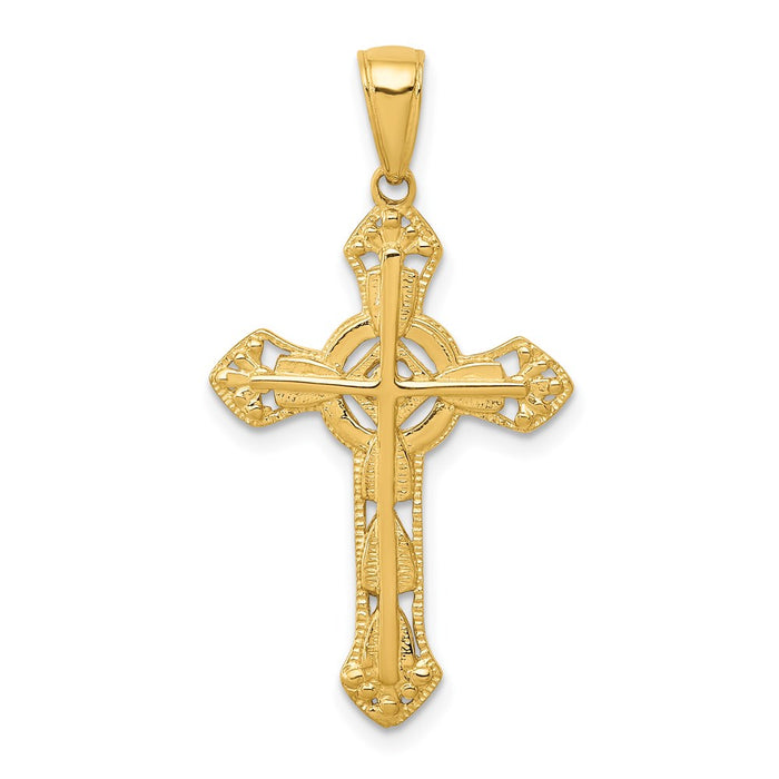 Million Charms 14K Yellow Gold Themed Stick Relgious Cross On Ornate Relgious Cross Pendant