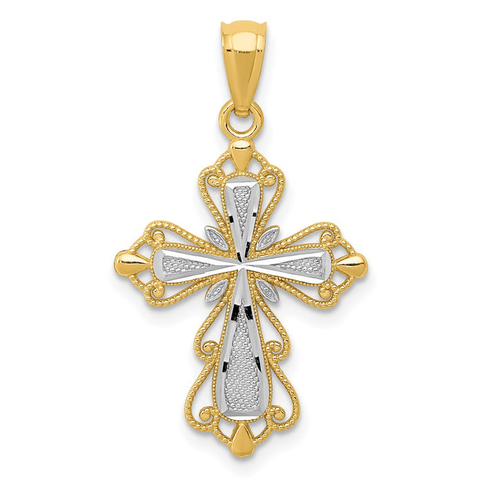 Million Charms 14K Yellow Gold Themed With Rhodium-plated Diamond-Cut Relgious Cross Pendant