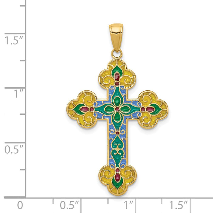 Million Charms 14K Yellow Gold Themed Acrylic Flower Center Budded Relgious Cross Pendant