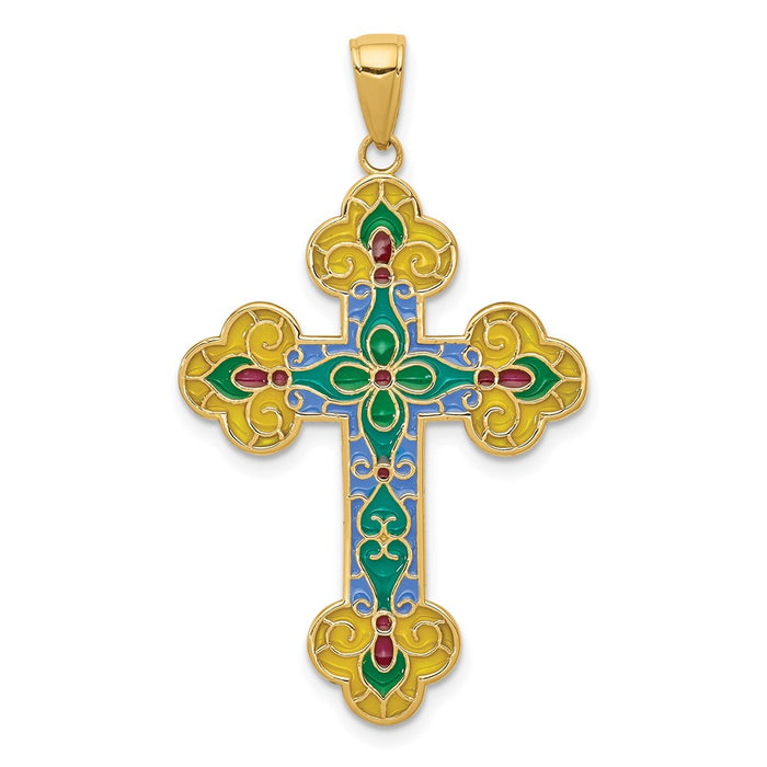 Million Charms 14K Yellow Gold Themed Acrylic Flower Center Budded Relgious Cross Pendant