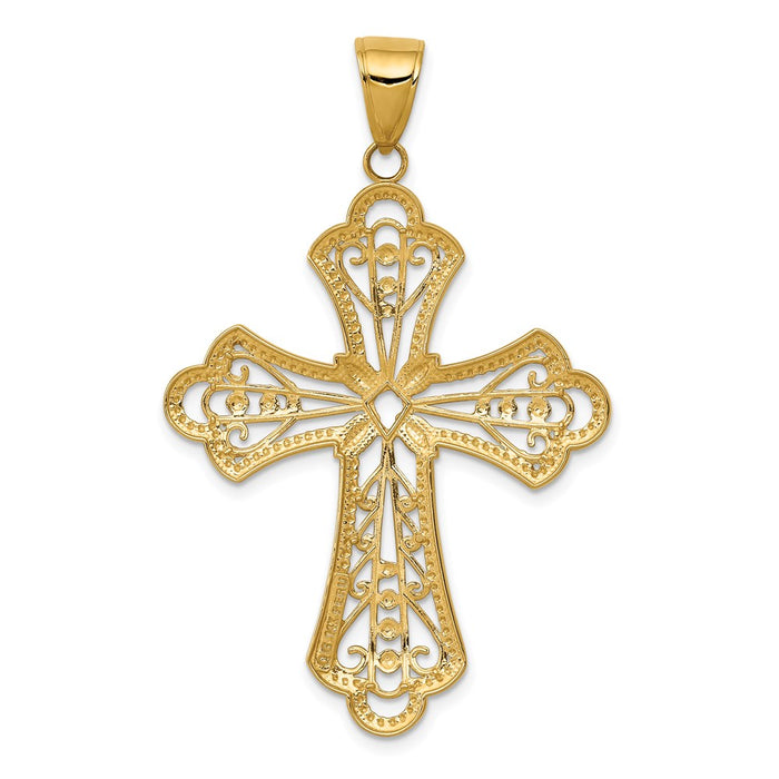 Million Charms 14K Yellow Gold Themed With Rhodium-plated Diamond-Cut Filigree Cut-Out Relgious Cross Pendant