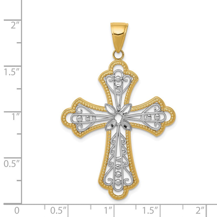 Million Charms 14K Yellow Gold Themed With Rhodium-plated Diamond-Cut Filigree Cut-Out Relgious Cross Pendant