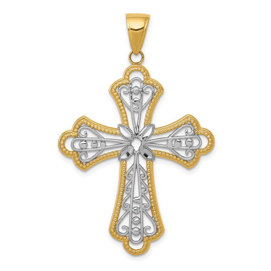 Million Charms 14K Yellow Gold Themed With Rhodium-plated Diamond-Cut Filigree Cut-Out Relgious Cross Pendant