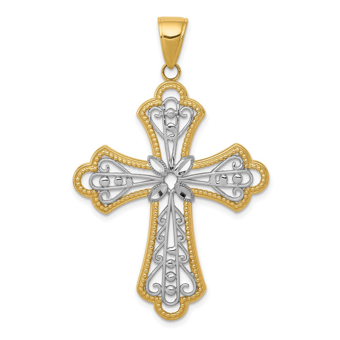 Million Charms 14K Yellow Gold Themed With Rhodium-plated Diamond-Cut Filigree Cut-Out Relgious Cross Pendant