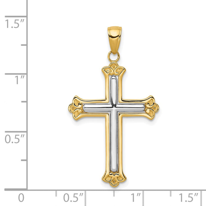 Million Charms 14K Yellow Gold Themed, Rhodium-plated White Relgious Cross In Budded Yellow Relgious Cross Frame Pendant