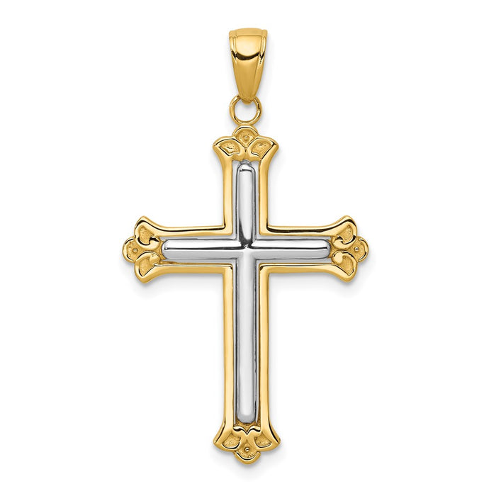 Million Charms 14K Yellow Gold Themed, Rhodium-plated White Relgious Cross In Budded Yellow Relgious Cross Frame Pendant