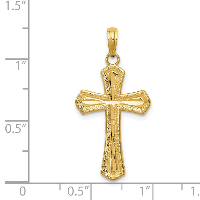 Million Charms 14K Yellow Gold Themed Diamond-Cut Beveled Edges Relgious Cross Pendant