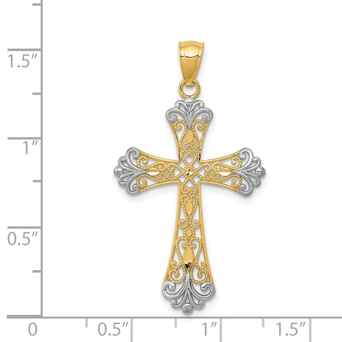 Million Charms 14K Yellow Gold Themed With Rhodium-plated Diamond-Cut Relgious Cross Pendant