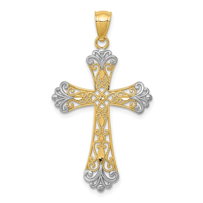 Million Charms 14K Yellow Gold Themed With Rhodium-plated Diamond-Cut Relgious Cross Pendant