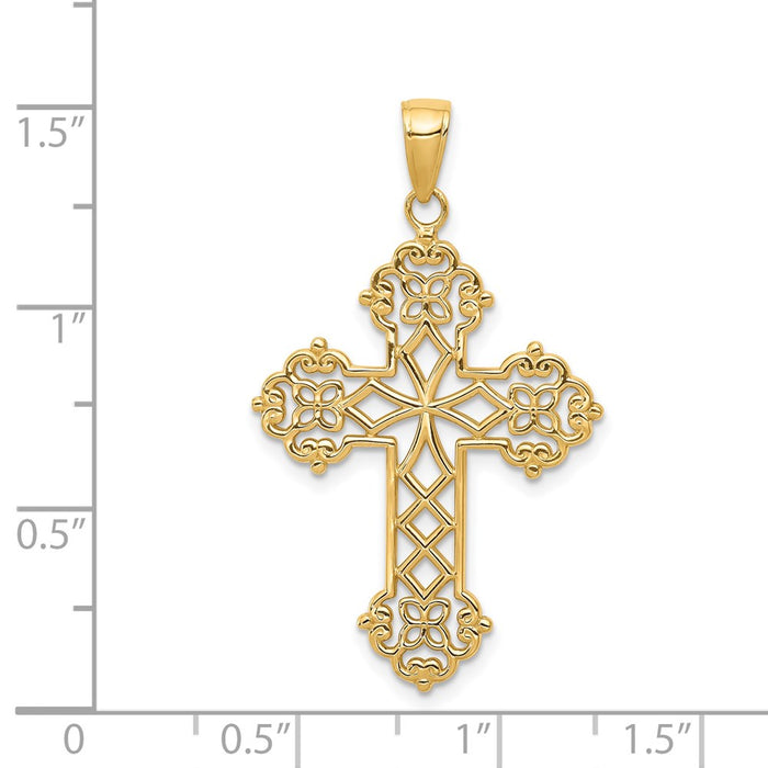 Million Charms 14K Yellow Gold Themed Lacey Budded Relgious Cross Pendant