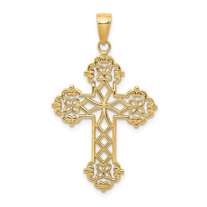 Million Charms 14K Yellow Gold Themed Lacey Budded Relgious Cross Pendant