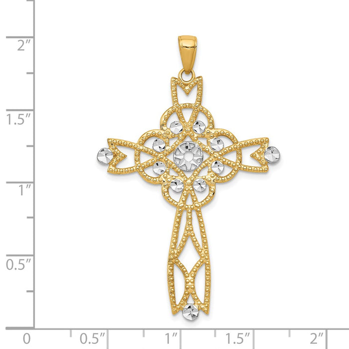 Million Charms 14K Yellow Gold Themed With Rhodium-plated Diamond-Cut Beaded Trim Infinity Relgious Cross Pendant