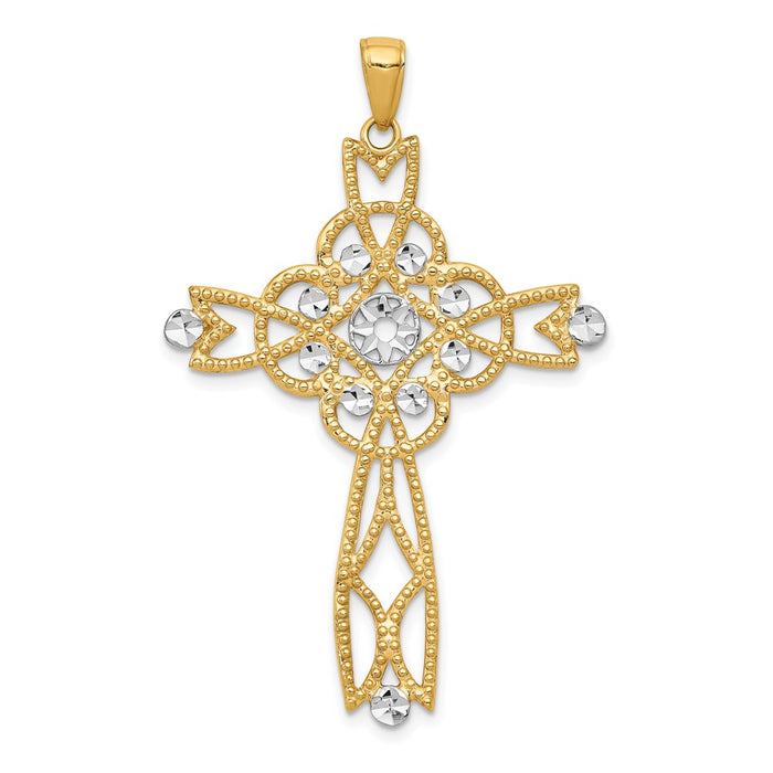 Million Charms 14K Yellow Gold Themed With Rhodium-plated Diamond-Cut Beaded Trim Infinity Relgious Cross Pendant