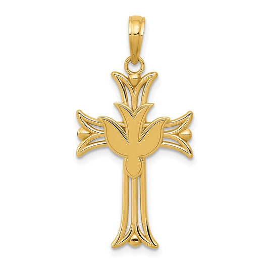 Million Charms 14K Yellow Gold Themed Dove On Relgious Cross Pendant