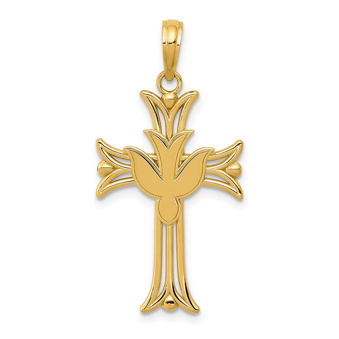 Million Charms 14K Yellow Gold Themed Dove On Relgious Cross Pendant