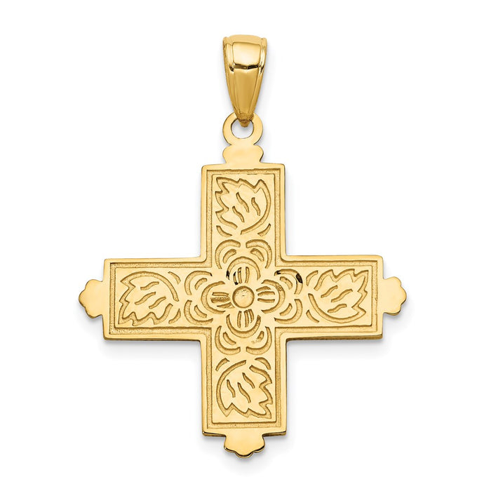 Million Charms 14K Yellow Gold Themed Etched Square Relgious Cross With Crown Tips Pendant