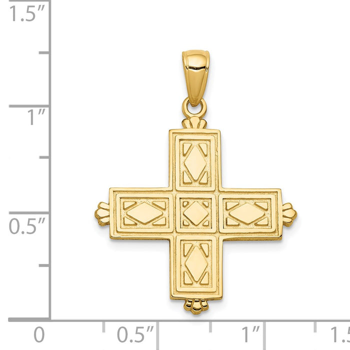 Million Charms 14K Yellow Gold Themed Etched Square Relgious Cross With Crown Tips Pendant