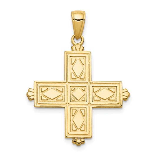 Million Charms 14K Yellow Gold Themed Etched Square Relgious Cross With Crown Tips Pendant