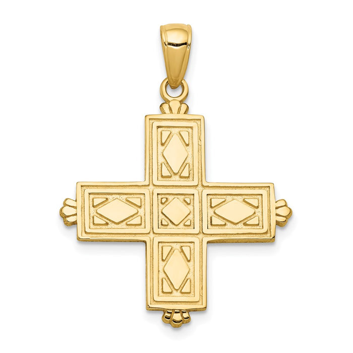 Million Charms 14K Yellow Gold Themed Etched Square Relgious Cross With Crown Tips Pendant