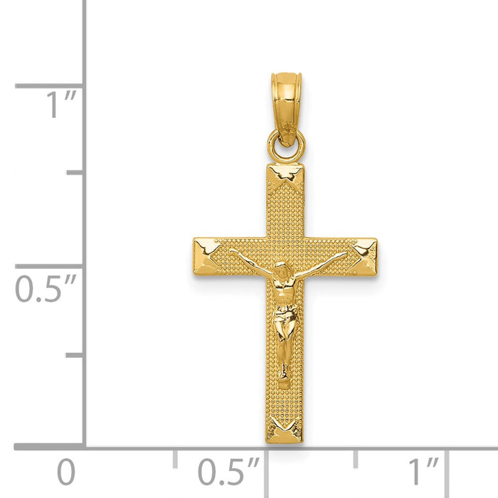 Million Charms 14K Yellow Gold Themed Beveled Tipped Relgious Crucifix Pendant