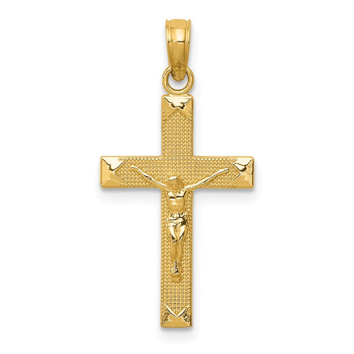 Million Charms 14K Yellow Gold Themed Beveled Tipped Relgious Crucifix Pendant