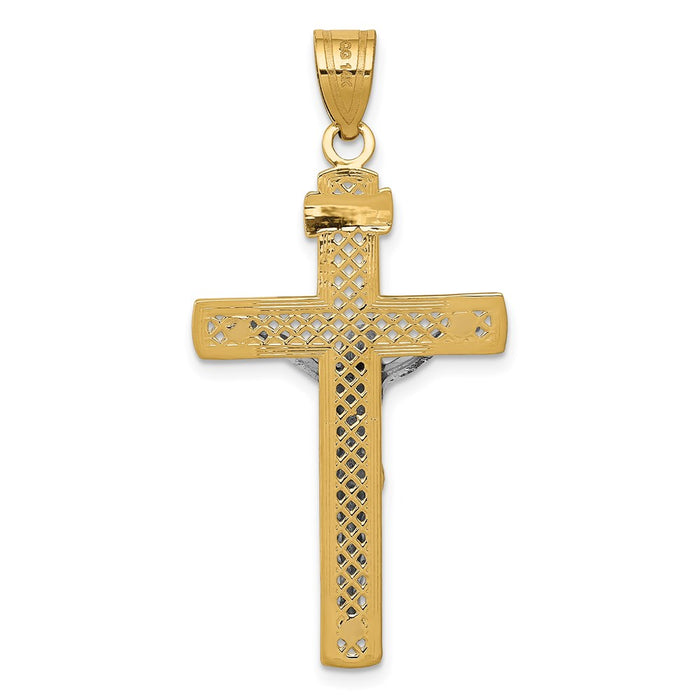 Million Charms 14K Yellow Gold Themed Two-Tone Diamond-Cut Large Block Lattice Relgious Cross With Relgious Crucifix Pendant