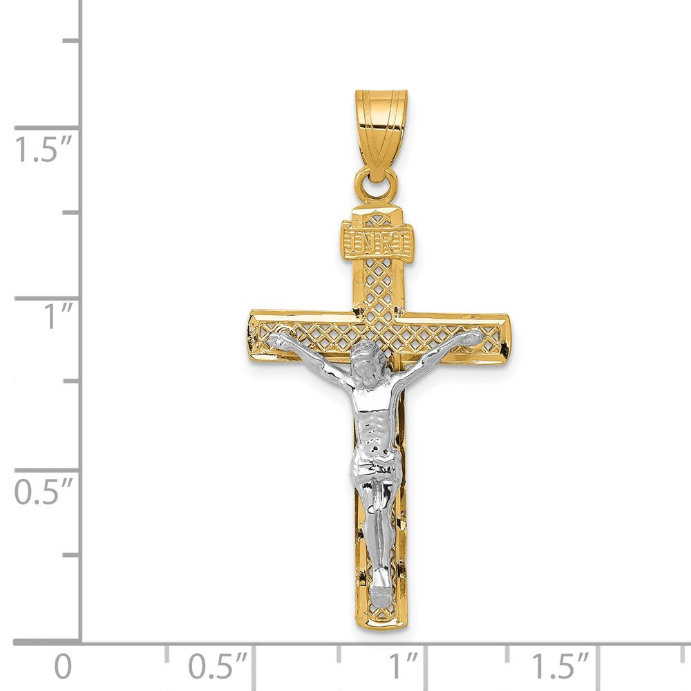 Million Charms 14K Yellow Gold Themed Two-Tone Diamond-Cut Large Block Lattice Relgious Cross With Relgious Crucifix Pendant