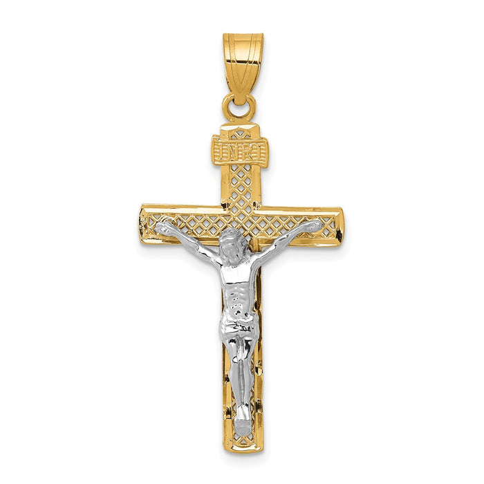 Million Charms 14K Yellow Gold Themed Two-Tone Diamond-Cut Large Block Lattice Relgious Cross With Relgious Crucifix Pendant