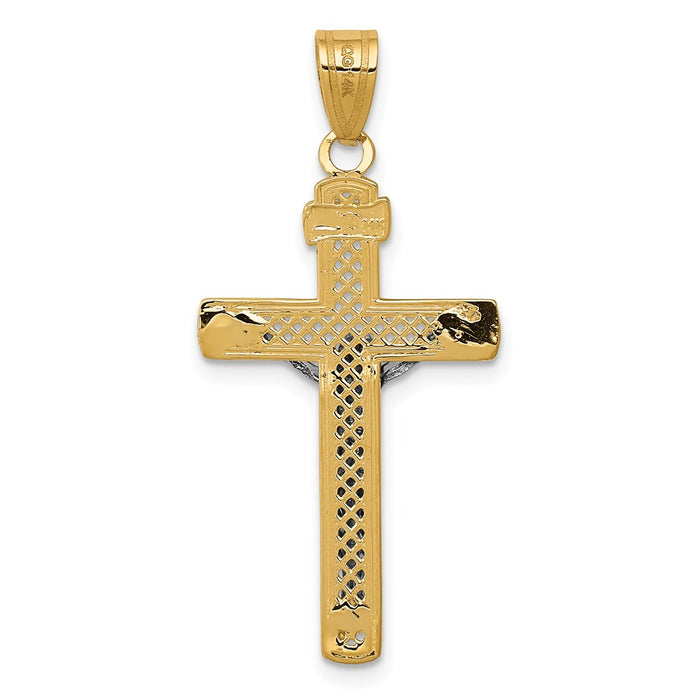 Million Charms 14K Yellow Gold Themed Two-Tone Diamond-Cut Medium Block Lattice Relgious Cross With Relgious Crucifix Pendant