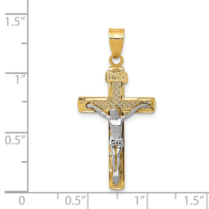 Million Charms 14K Yellow Gold Themed Two-Tone Diamond-Cut Medium Block Lattice Relgious Cross With Relgious Crucifix Pendant