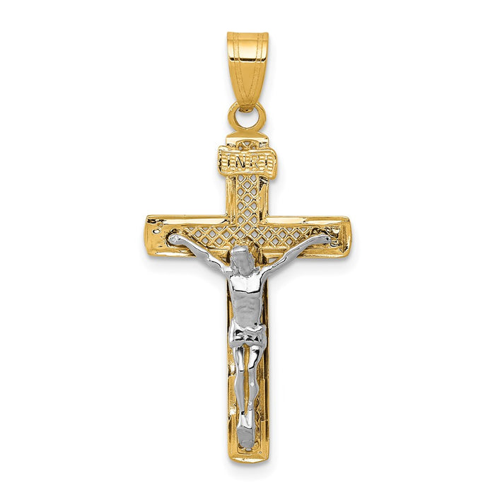 Million Charms 14K Yellow Gold Themed Two-Tone Diamond-Cut Medium Block Lattice Relgious Cross With Relgious Crucifix Pendant