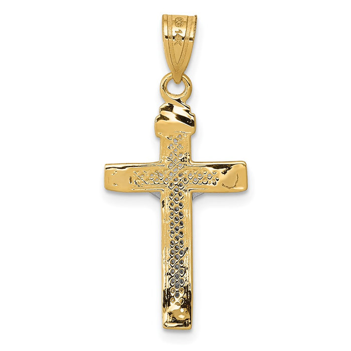 Million Charms 14K Yellow Gold Themed Two-Tone Diamond-Cut Small Block Lattice Relgious Cross With Relgious Crucifix Pendant