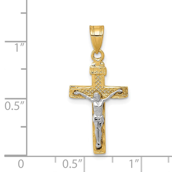 Million Charms 14K Yellow Gold Themed Two-Tone Diamond-Cut Small Block Lattice Relgious Cross With Relgious Crucifix Pendant