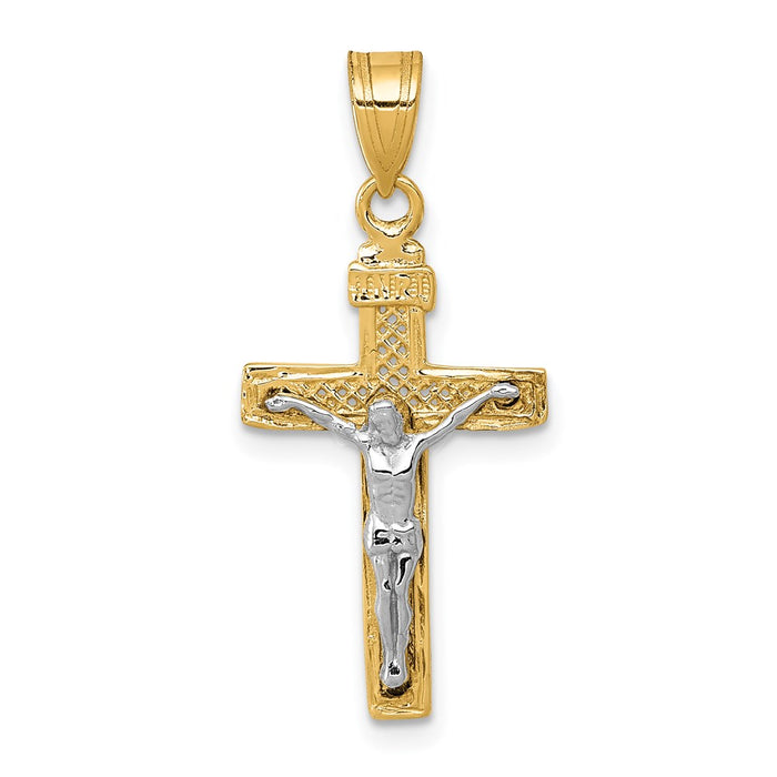 Million Charms 14K Yellow Gold Themed Two-Tone Diamond-Cut Small Block Lattice Relgious Cross With Relgious Crucifix Pendant