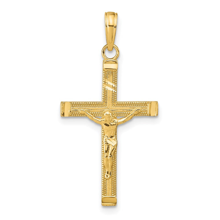 Million Charms 14K Yellow Gold Themed Diamond-Cut Fancy Tipped Relgious Crucifix Pendant