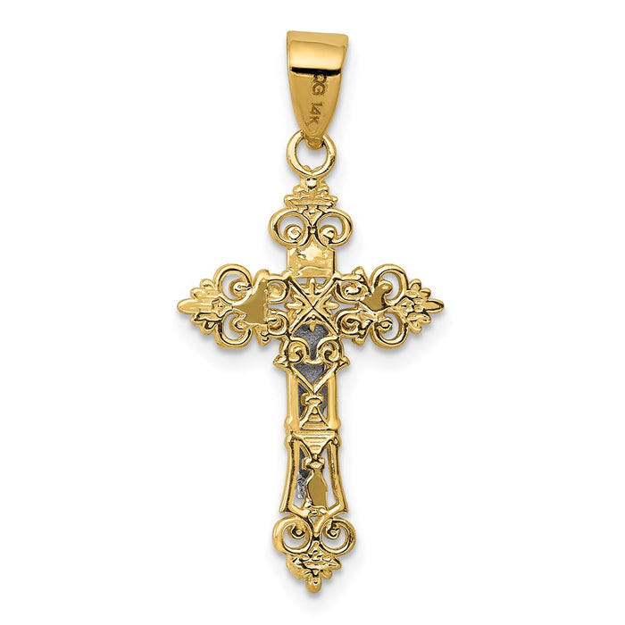 Million Charms 14K Yellow Gold Themed Two-Tone Small Lacey-Edged Inri Relgious Crucifix Pendant