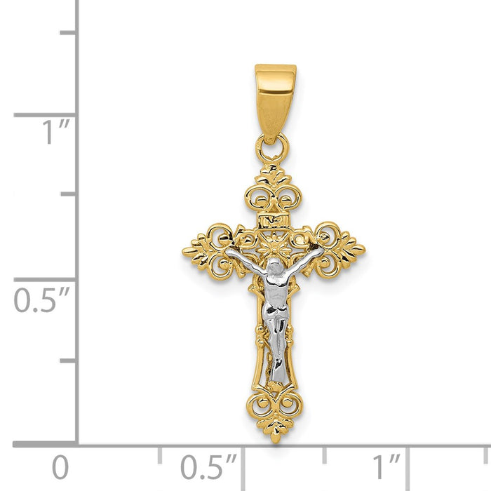 Million Charms 14K Yellow Gold Themed Two-Tone Small Lacey-Edged Inri Relgious Crucifix Pendant