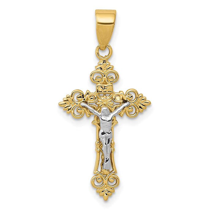 Million Charms 14K Yellow Gold Themed Two-Tone Small Lacey-Edged Inri Relgious Crucifix Pendant