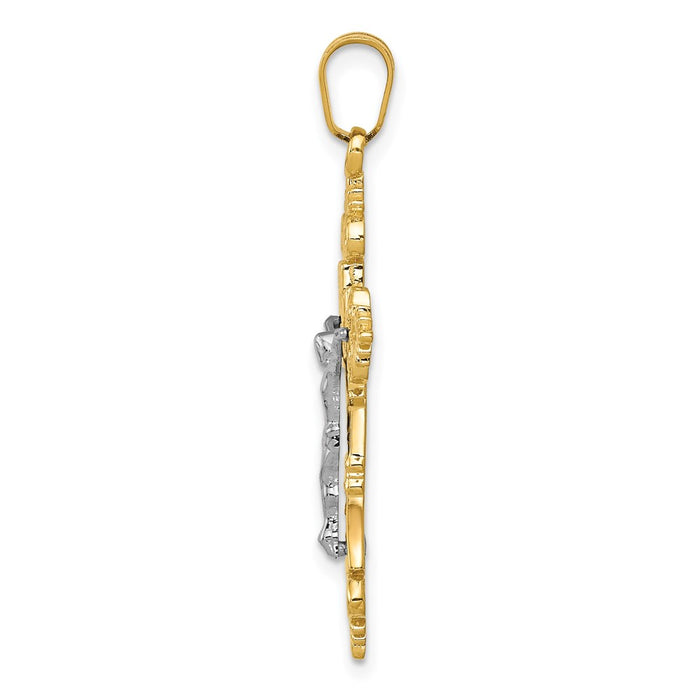 Million Charms 14K Yellow Gold Themed Two-Tone Medium Lacey-Edged Inri Relgious Crucifix Pendant