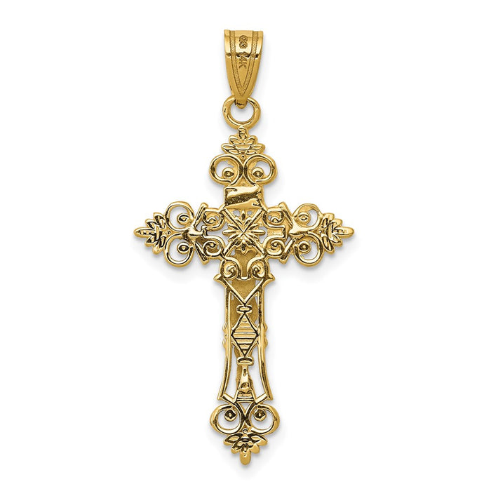 Million Charms 14K Yellow Gold Themed Two-Tone Medium Lacey-Edged Inri Relgious Crucifix Pendant