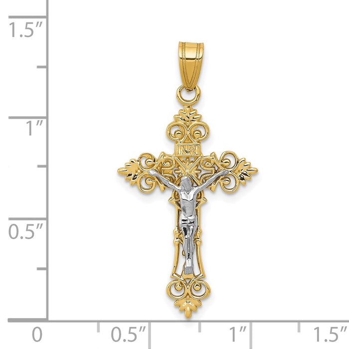 Million Charms 14K Yellow Gold Themed Two-Tone Medium Lacey-Edged Inri Relgious Crucifix Pendant