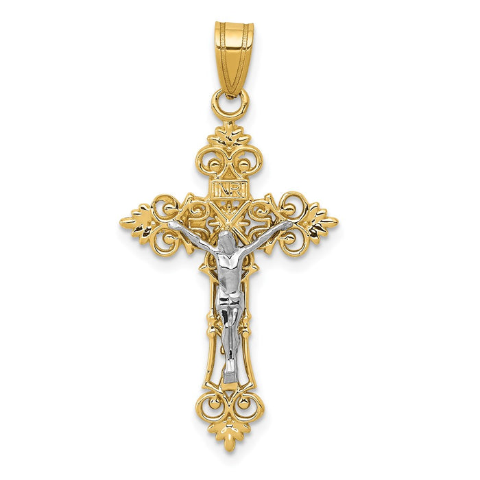 Million Charms 14K Yellow Gold Themed Two-Tone Medium Lacey-Edged Inri Relgious Crucifix Pendant