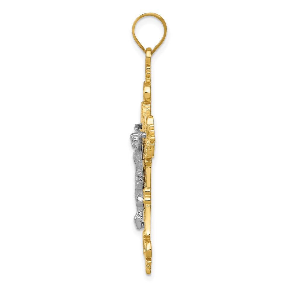 Million Charms 14K Yellow Gold Themed Two-Tone Large Lacey-Edged Inri Relgious Crucifix Pendant