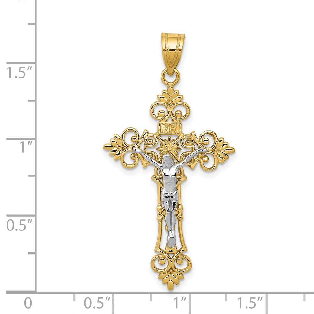 Million Charms 14K Yellow Gold Themed Two-Tone Large Lacey-Edged Inri Relgious Crucifix Pendant